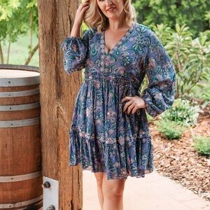 Miss June Lana Paisley Embellished Longsleeve Dress Purple S,M,L